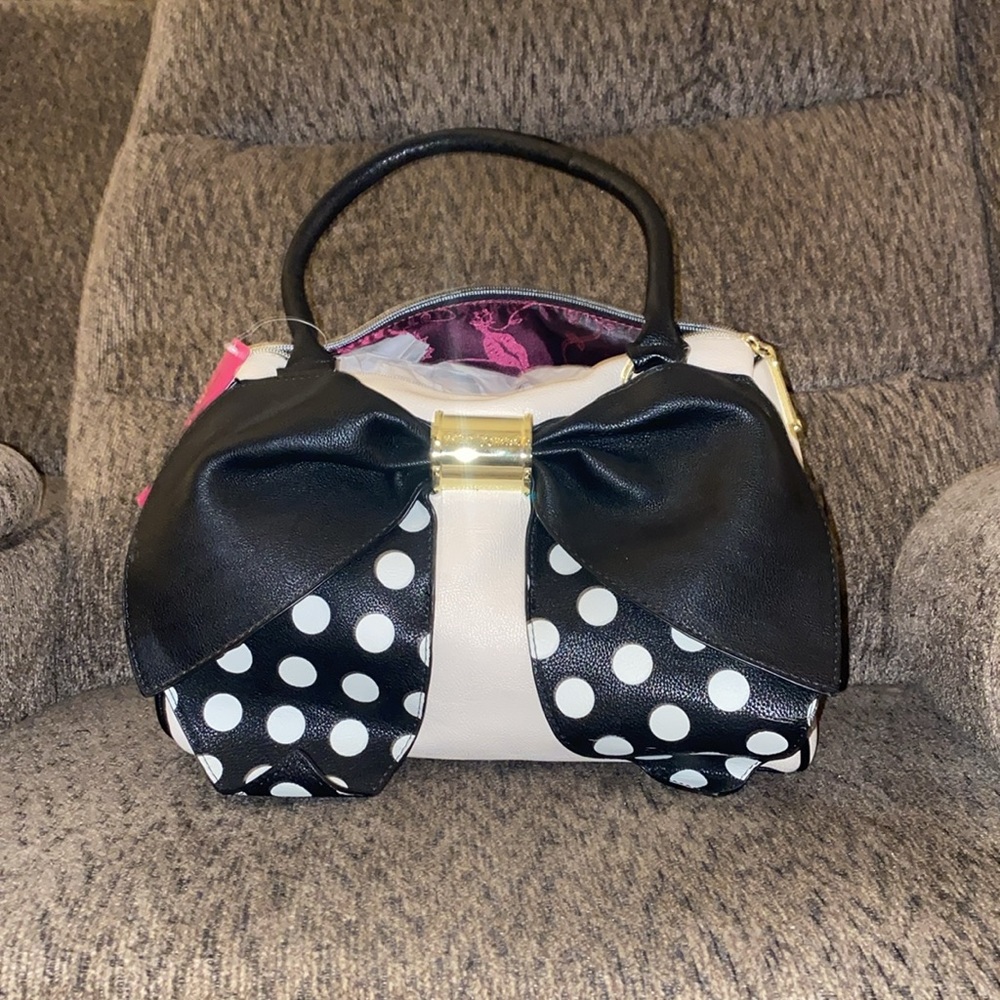 Betsy Johnson Satchel Bow Bonanza NWT Ivory / Black Ivory Polka Dots pink lining